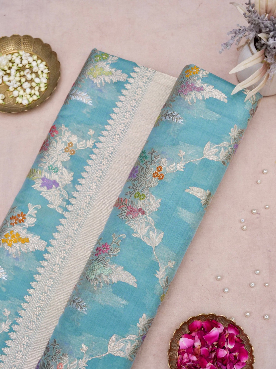 Banarasi Organza Kadwa Jangla Handwoven Saree in Sky Blue - Khinkhwab