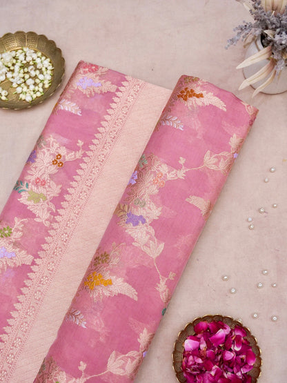 Banarasi Organza Kadwa Jangla Handwoven Saree in Rose Pink
