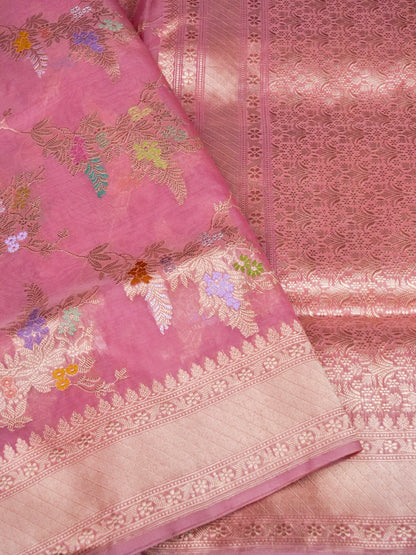 Banarasi Organza Kadwa Jangla Handwoven Saree in Rose Pink