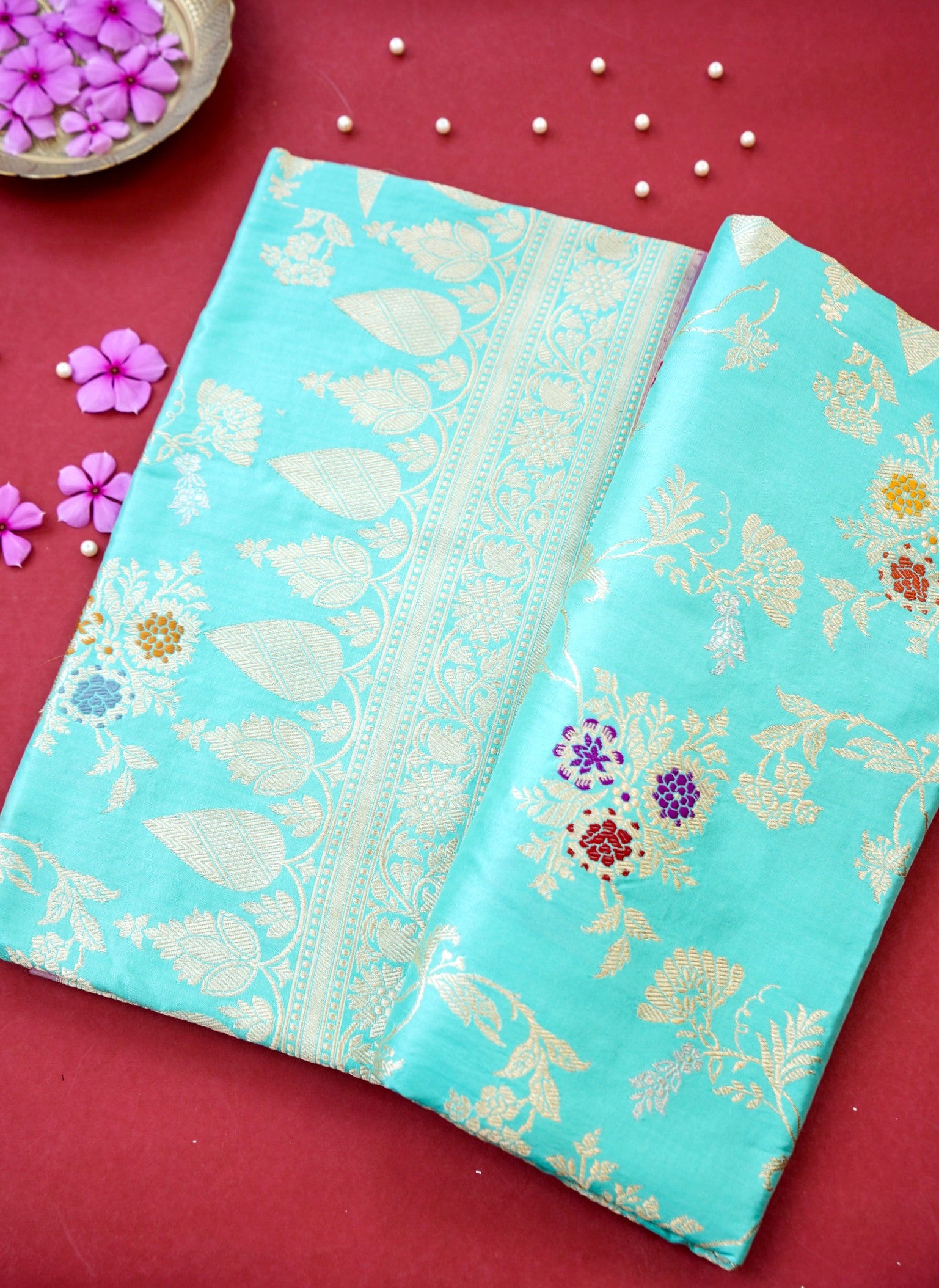 Banarasi Katan Silk Kadwa Handloom Saree in Turquoise - Khinkhwab