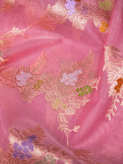 Banarasi Organza Kadwa Jangla Handwoven Saree in Rose Pink