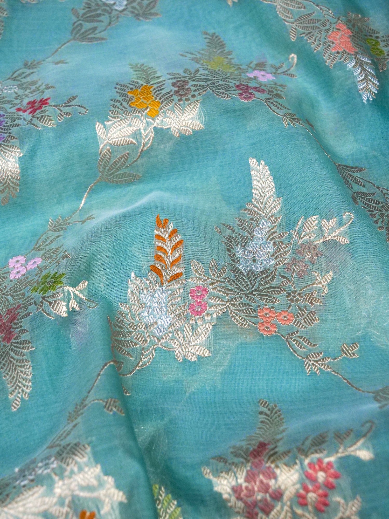 Banarasi Organza Kadwa Jangla Handwoven Saree in Sky Blue - Khinkhwab