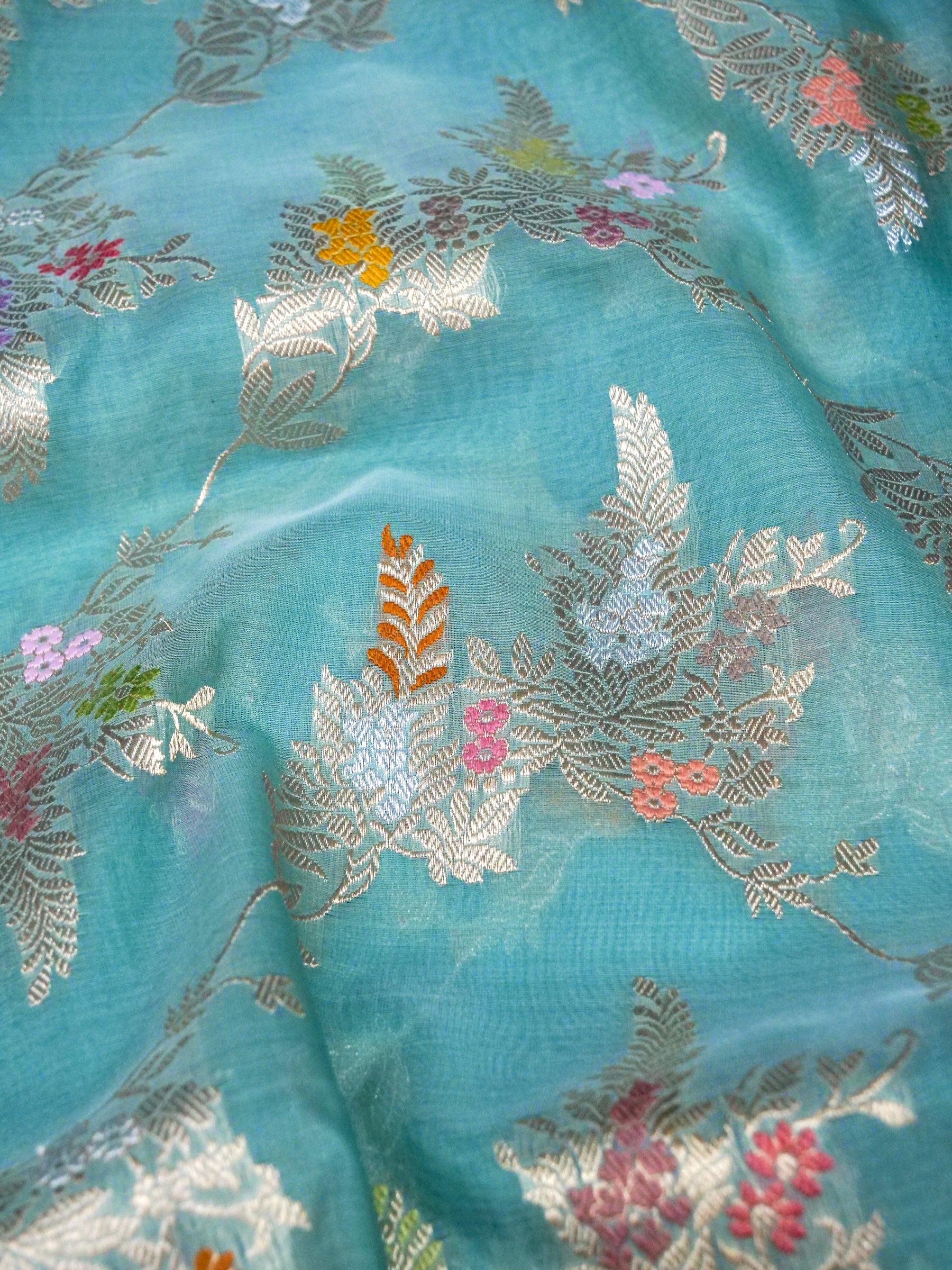 Banarasi Organza Kadwa Jangla Handwoven Saree in Sky Blue - Khinkhwab