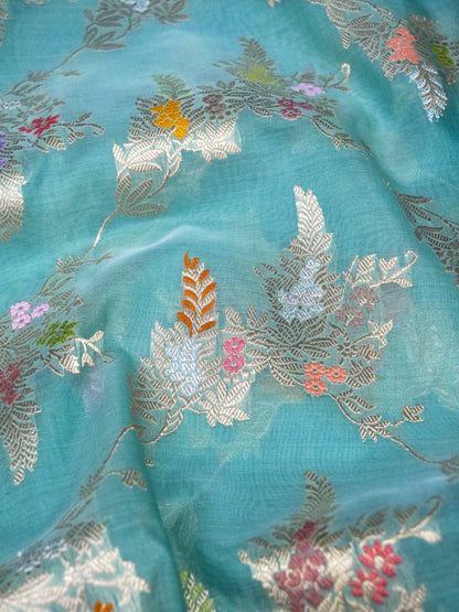Banarasi Organza Kadwa Jangla Handwoven Saree in Sky Blue - Khinkhwab