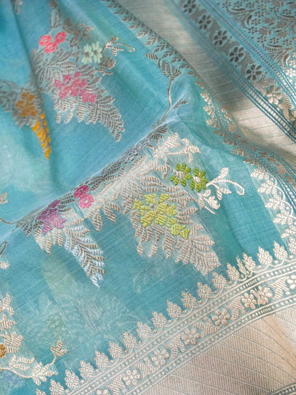 Banarasi Organza Kadwa Jangla Handwoven Saree in Sky Blue - Khinkhwab