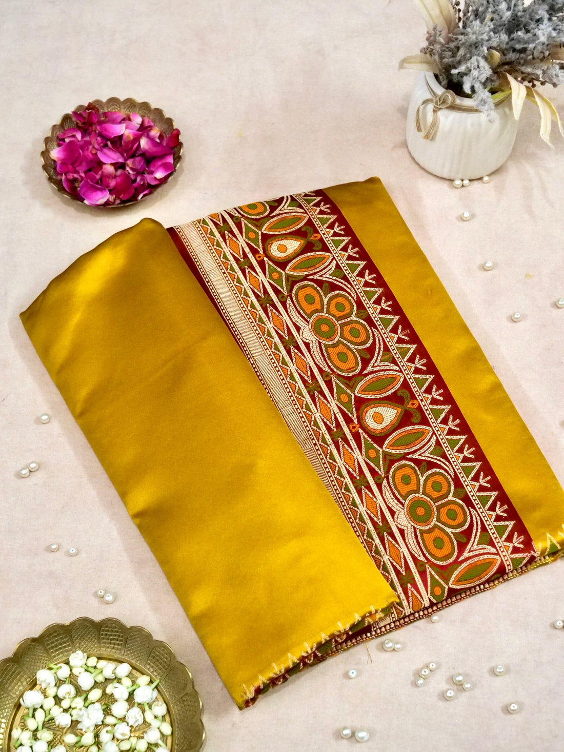 Banarasi Mashru Silk Kadiyal Handwoven Saree in Marigold Yellow - Khinkhwab