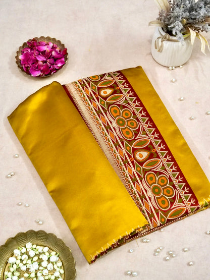 Banarasi Mashru Silk Kadiyal Handwoven Saree in Marigold Yellow - Khinkhwab