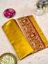 Banarasi Mashru Silk Kadiyal Handwoven Saree in Marigold Yellow - Khinkhwab