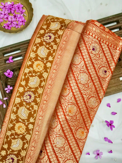 Handloom Banarasi Katan Silk Zari Tanchoi Saree in Rust - Khinkhwab