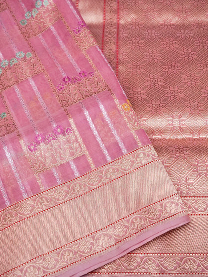 Banarasi Organza Kadwa Handwoven Saree in Dusty Pink