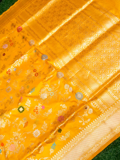Banarasi Katan Silk Kadwa Jangla Handwoven Saree in Marigold Yellow - Khinkhwab