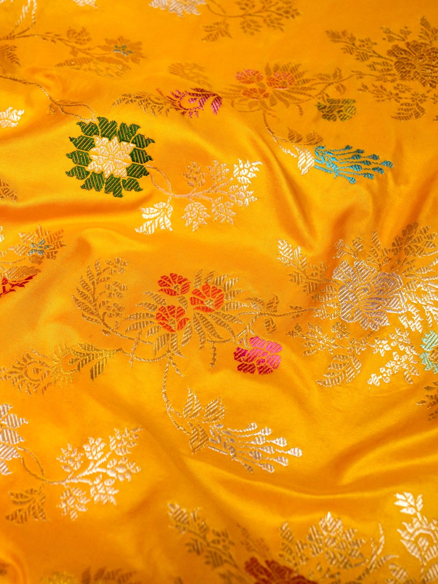 Banarasi Katan Silk Kadwa Jangla Handwoven Saree in Marigold Yellow - Khinkhwab