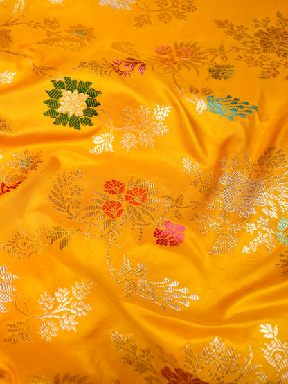 Banarasi Katan Silk Kadwa Jangla Handwoven Saree in Marigold Yellow - Khinkhwab