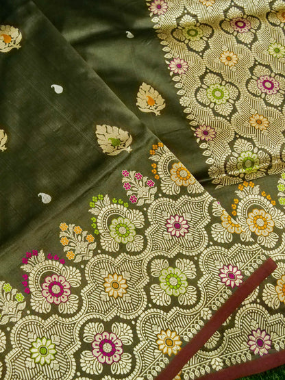 Banarasi Katan Silk Meenakari Border Handloom Saree | Dark Green - Khinkhwab