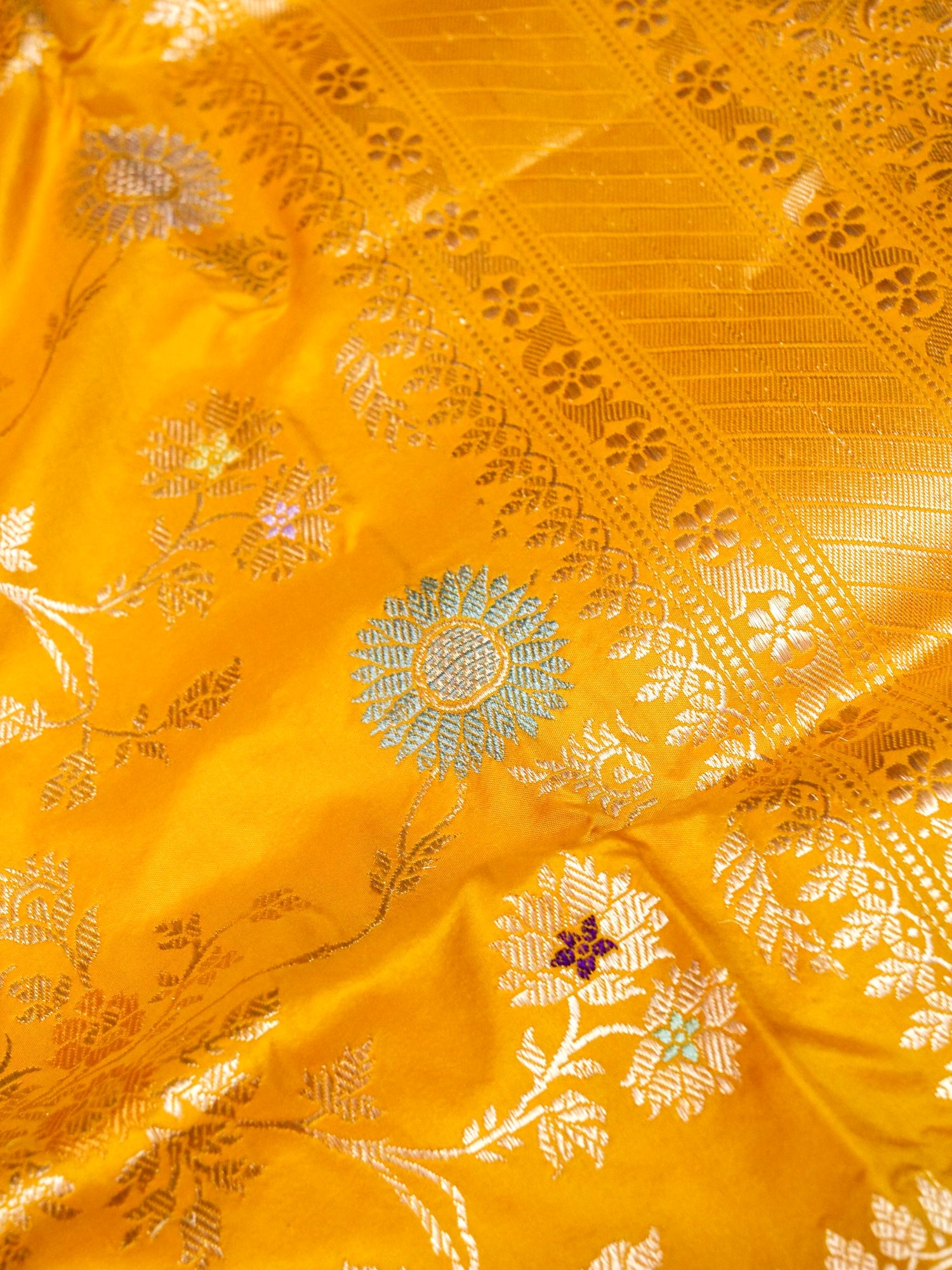 Banarasi Katan Silk Kadwa Jangla Handwoven Saree in Marigold Yellow - Khinkhwab