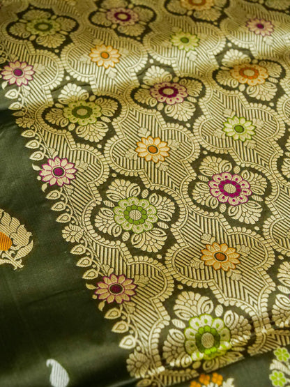 Banarasi Katan Silk Meenakari Border Handloom Saree | Dark Green - Khinkhwab