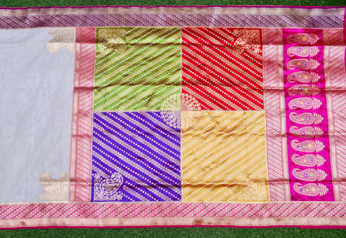 Chauki Rangkat | Handloom Banarasi Pure Cotton Kora Saree in White