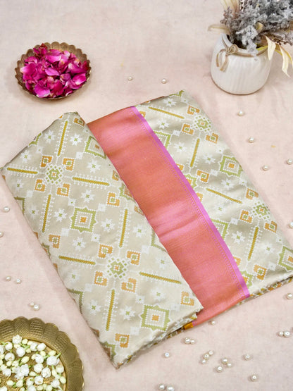 Banarasi Katan Silk Patola Jaal Handwoven Saree in Cream - Khinkhwab