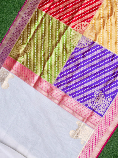 Chauki Rangkat | Handloom Banarasi Pure Cotton Kora Saree in White