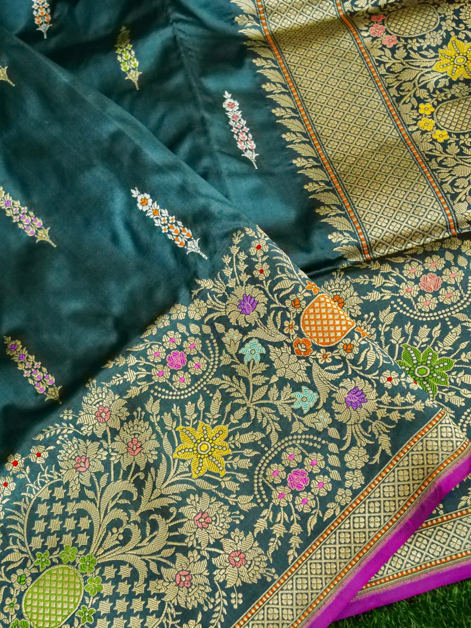 Banarasi Katan Silk Kadwa Tilfi Border Handloom Saree | Teal - Khinkhwab