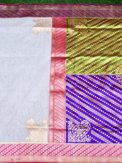 Chauki Rangkat | Handloom Banarasi Pure Cotton Kora Saree in White