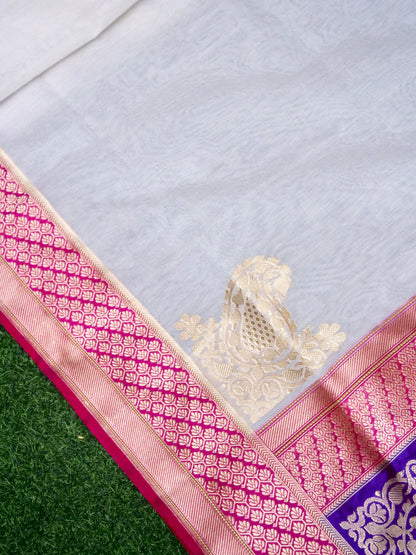 Chauki Rangkat | Handloom Banarasi Pure Cotton Kora Saree in White