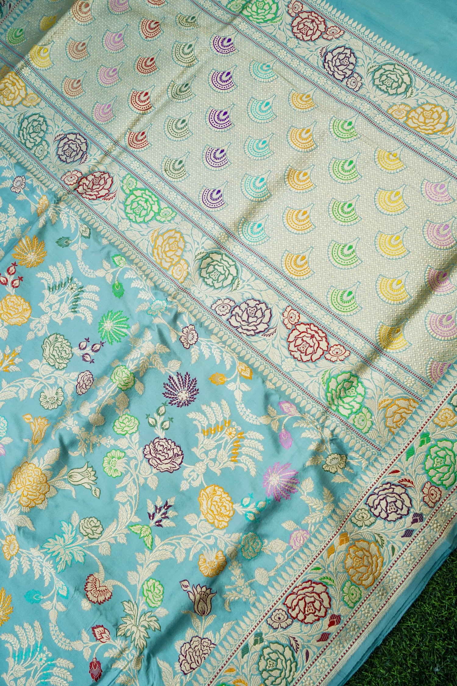 Banarasi Katan Silk Kadwa Handloom Saree in Sky Blue - Khinkhwab