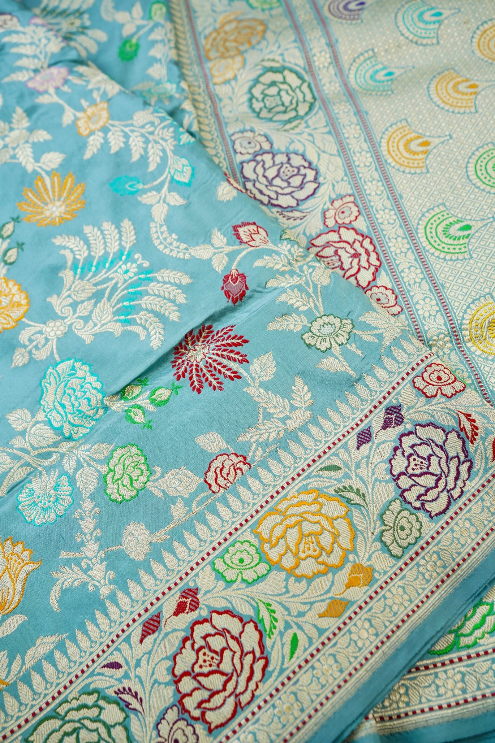 Banarasi Katan Silk Kadwa Handloom Saree in Sky Blue - Khinkhwab