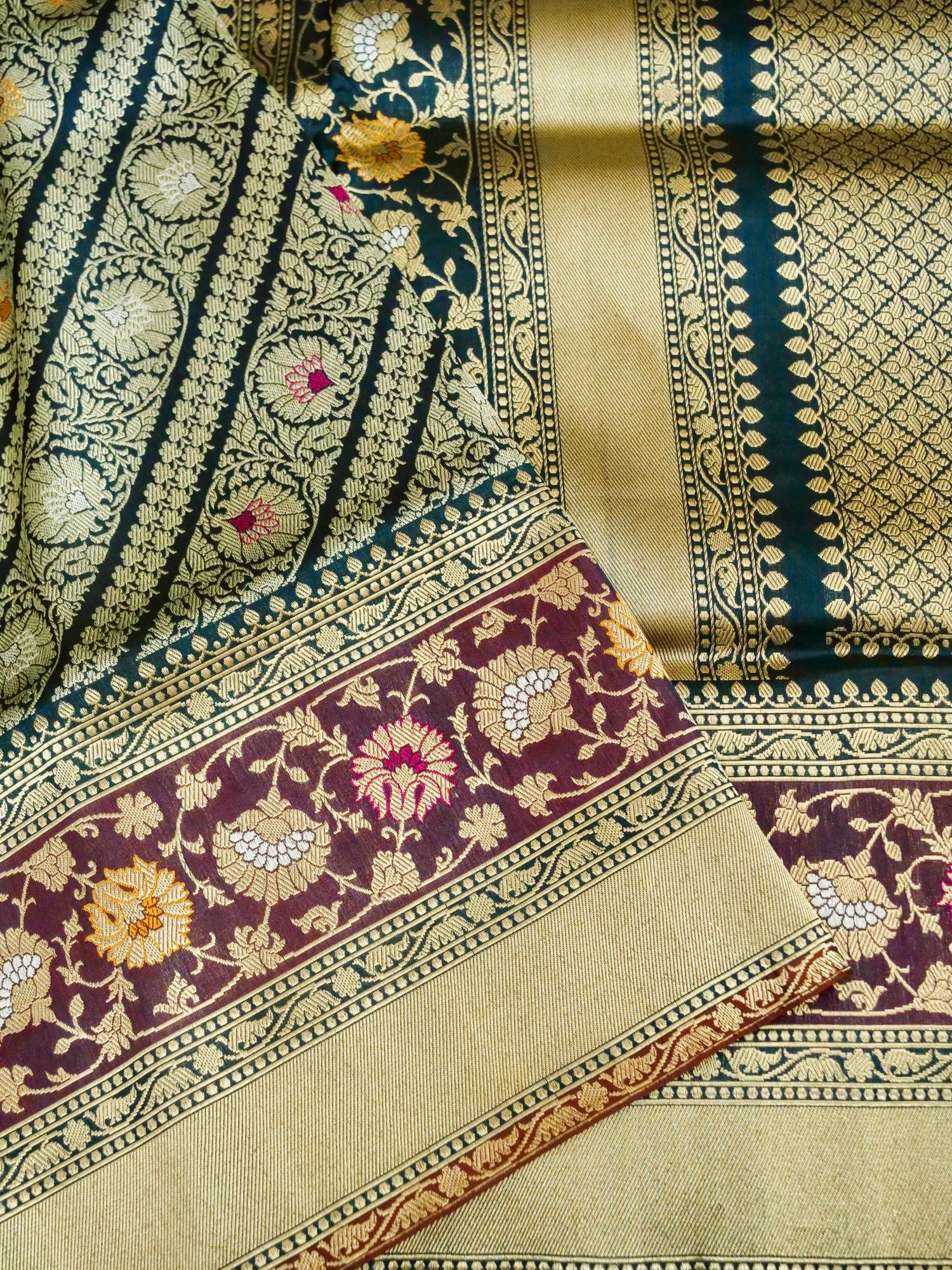 Banarasi Katan Silk Zari Tanchoi Handloom Saree | Teal - Khinkhwab
