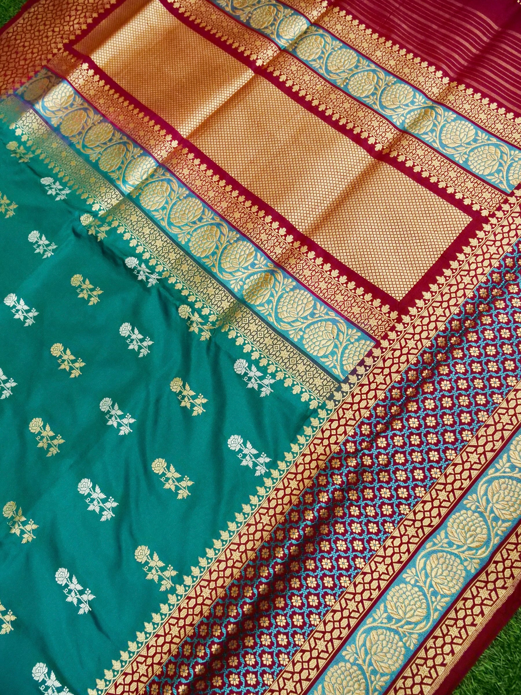 Banarasi Katan Silk Double Tani Alfi Skirt Handloom Saree | Teal - Khinkhwab