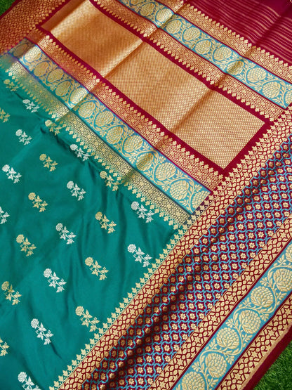 Banarasi Katan Silk Double Tani Alfi Skirt Handloom Saree | Teal - Khinkhwab