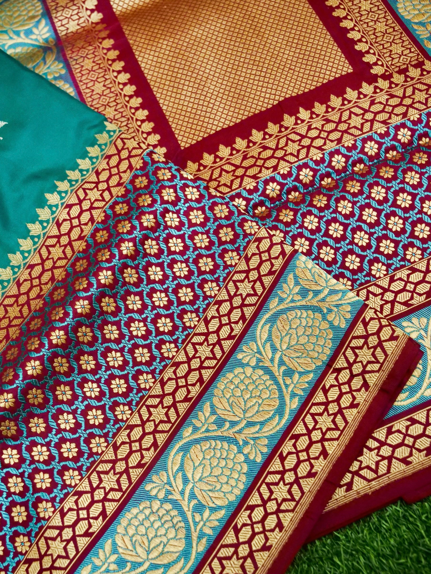 Banarasi Katan Silk Double Tani Alfi Skirt Handloom Saree | Teal - Khinkhwab