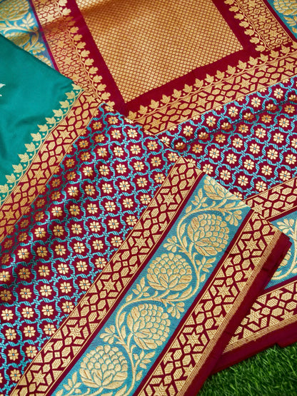 Banarasi Katan Silk Double Tani Alfi Skirt Handloom Saree | Teal - Khinkhwab