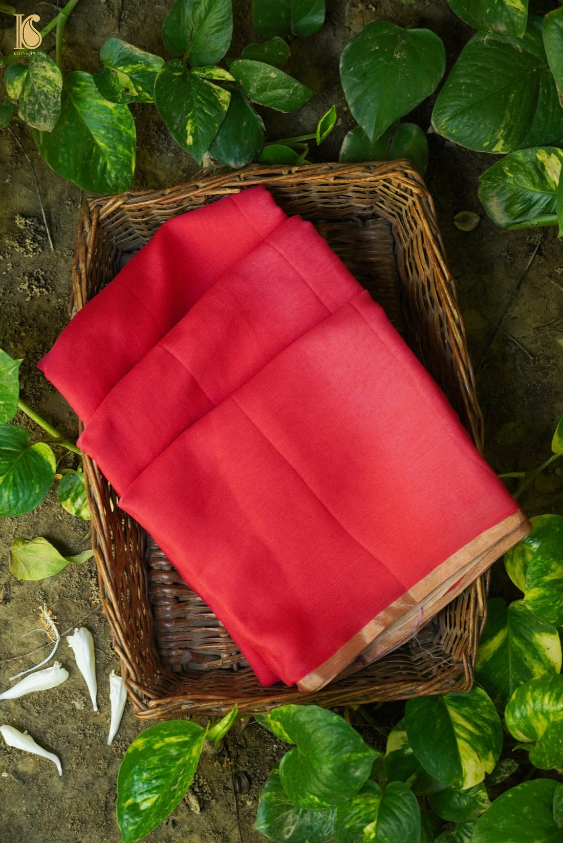 Red & Pink Plain Georgette Handloom Banarasi Saree