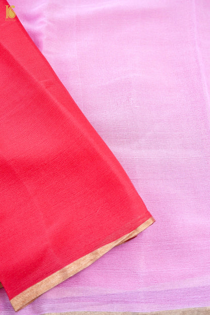 Red &amp; Pink Plain Georgette Handloom Banarasi Saree