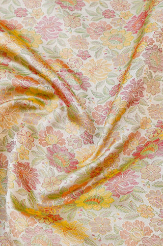 Handloom Banarasi Peonies Tanchoi Silk Fabric