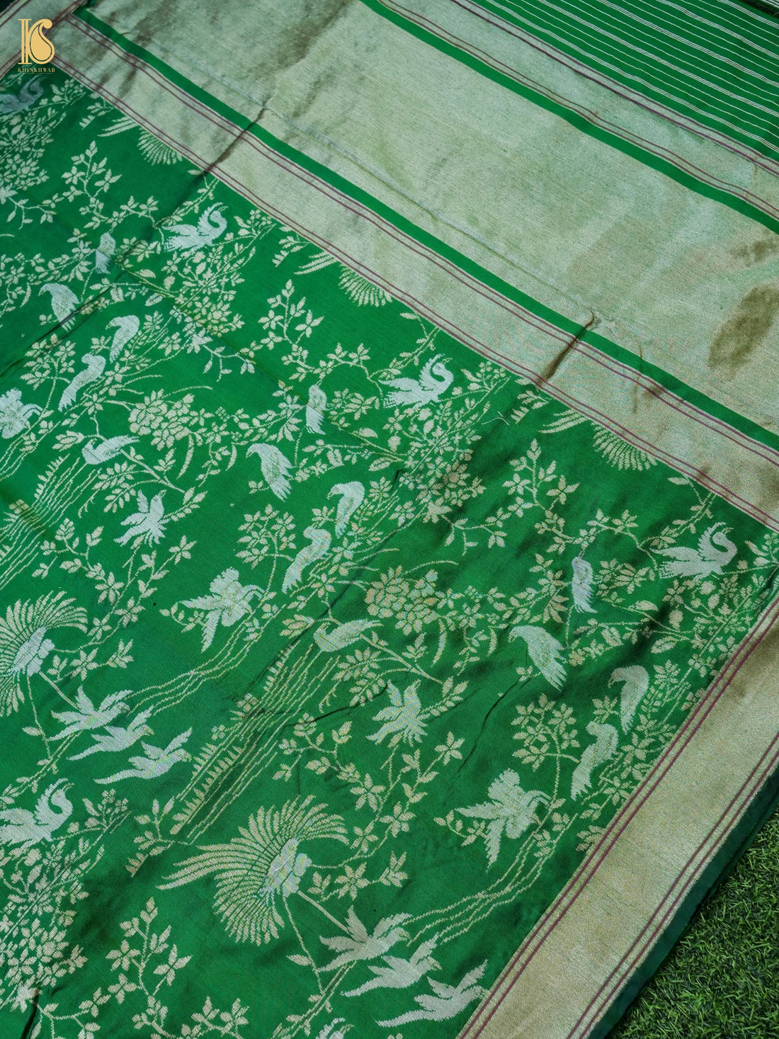 Handloom Pure Katan Silk Green Shikargah Banarasi Saree