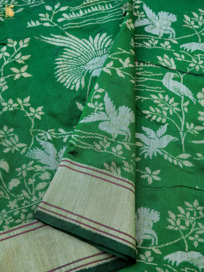 Handloom Pure Katan Silk Green Shikargah Banarasi Saree