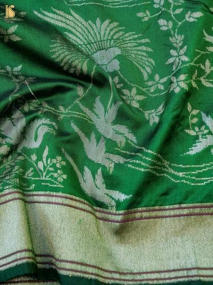 Handloom Pure Katan Silk Green Shikargah Banarasi Saree