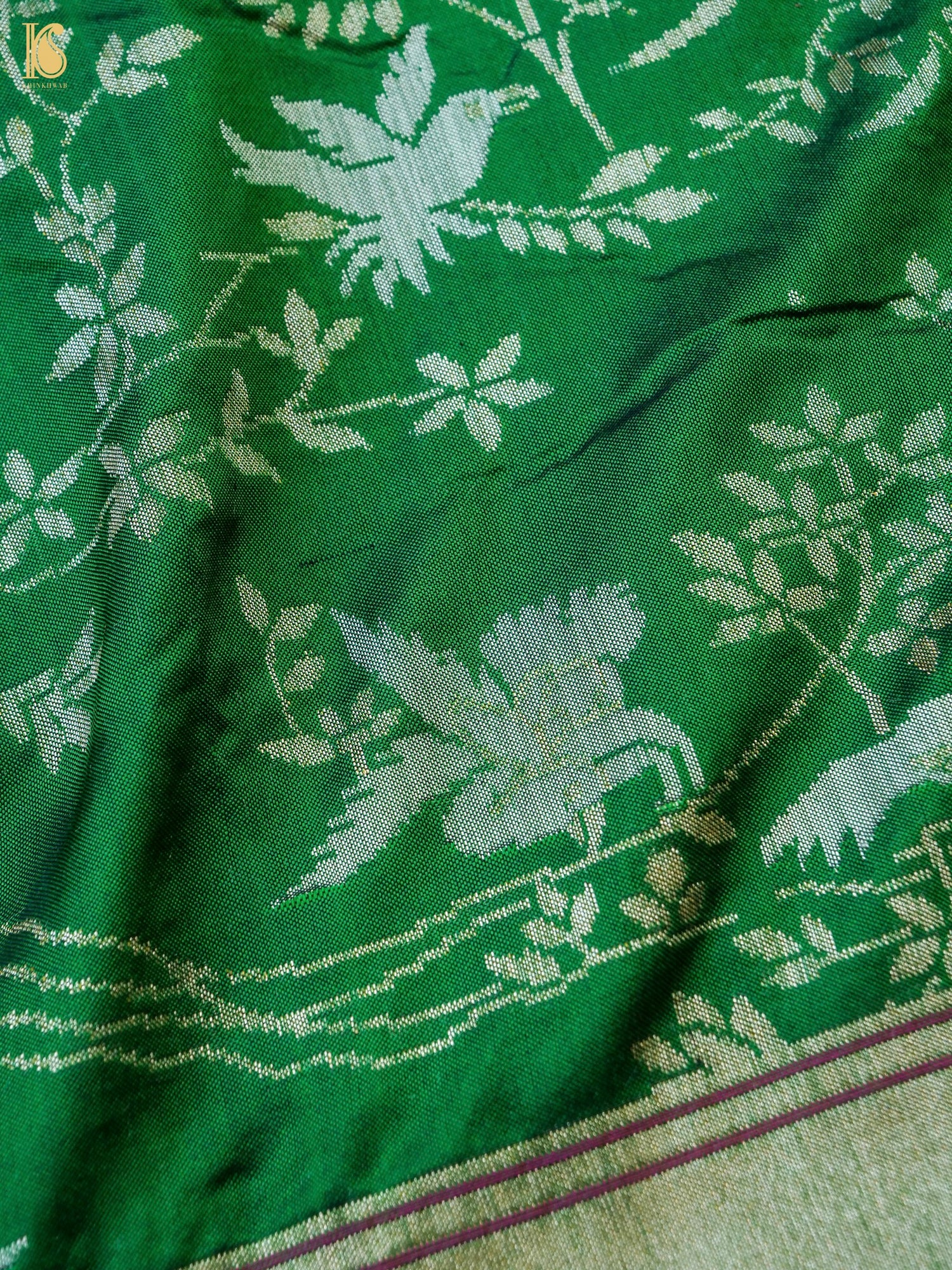 Handloom Pure Katan Silk Green Shikargah Banarasi Saree