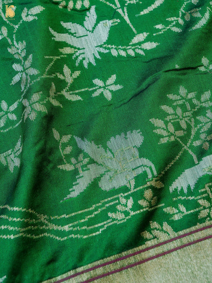 Handloom Pure Katan Silk Green Shikargah Banarasi Saree