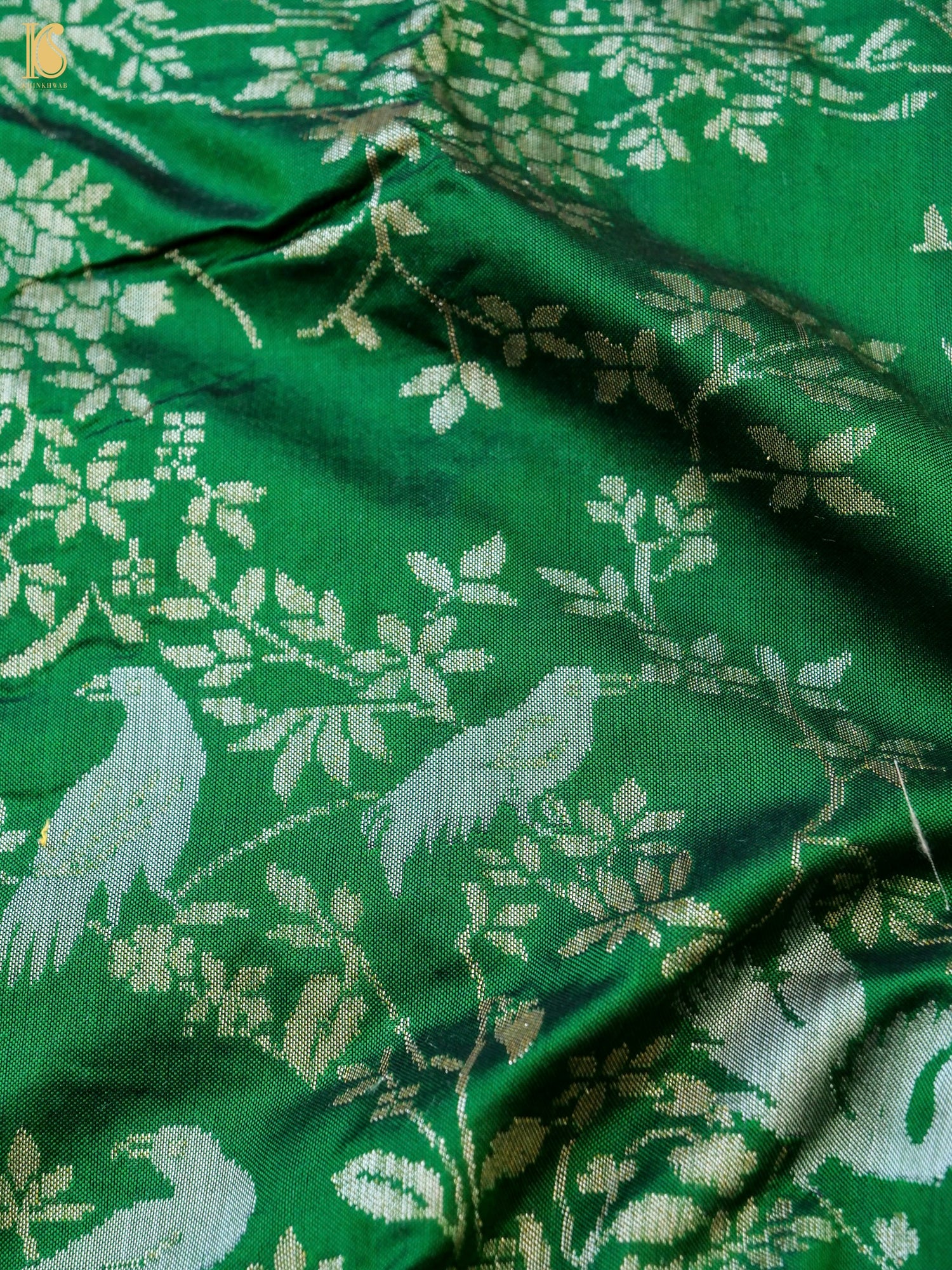 Handloom Pure Katan Silk Green Shikargah Banarasi Saree