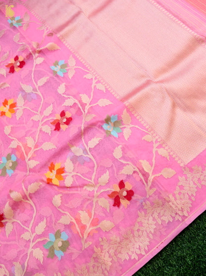 Handloom Kora Banarasi Ektara Pink Meena Saree