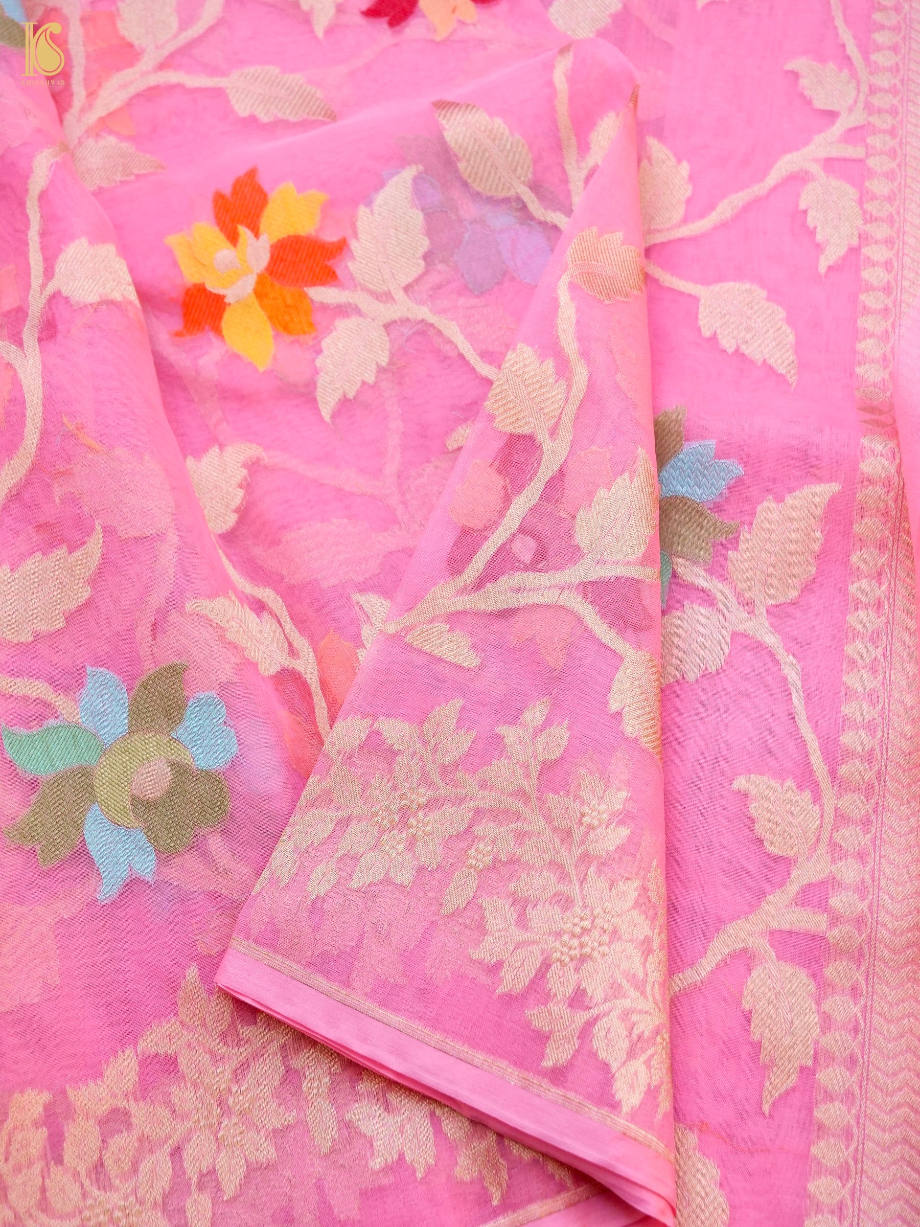 Handloom Kora Banarasi Ektara Pink Meena Saree