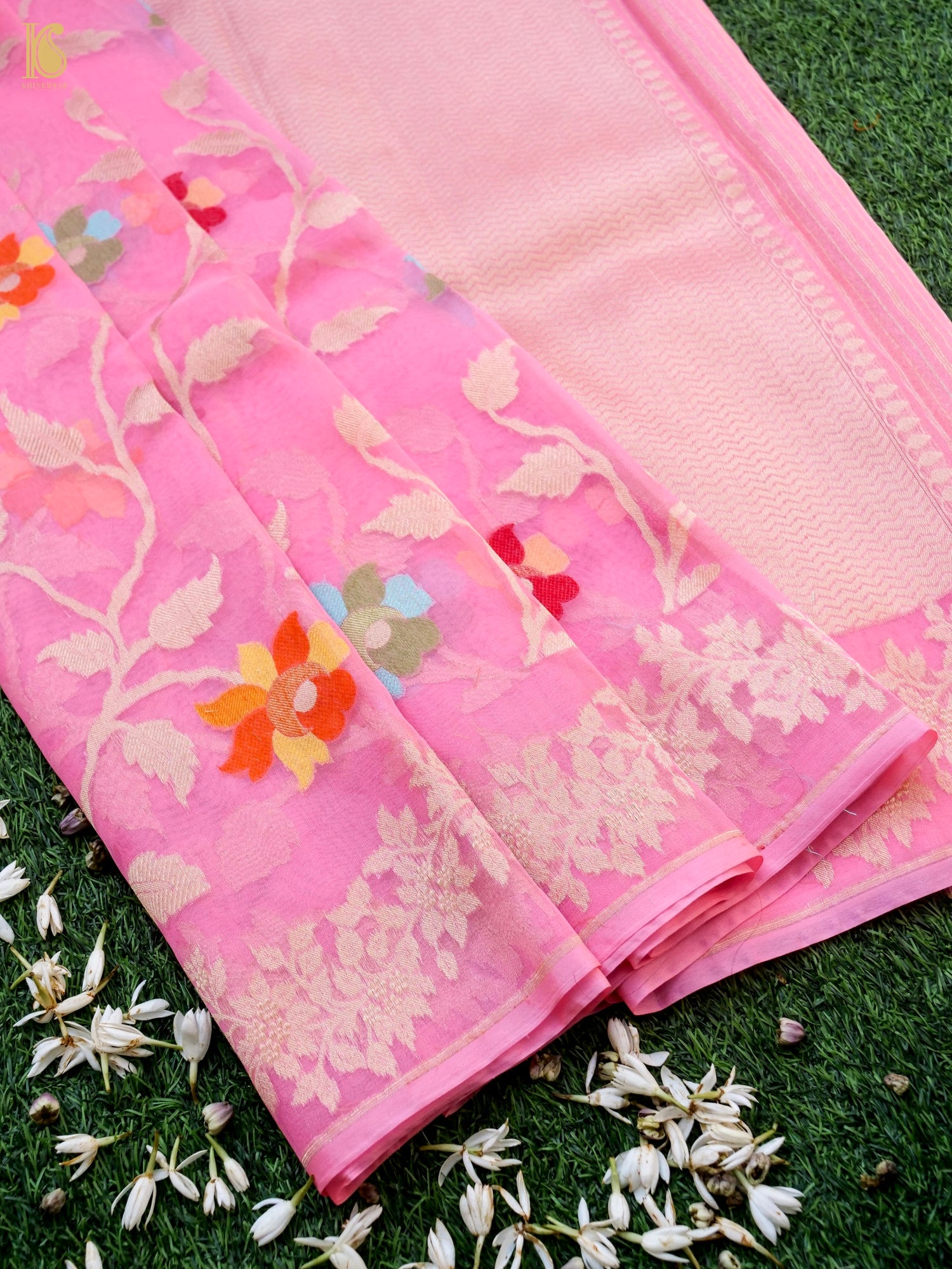 Handloom Kora Banarasi Ektara Pink Meena Saree