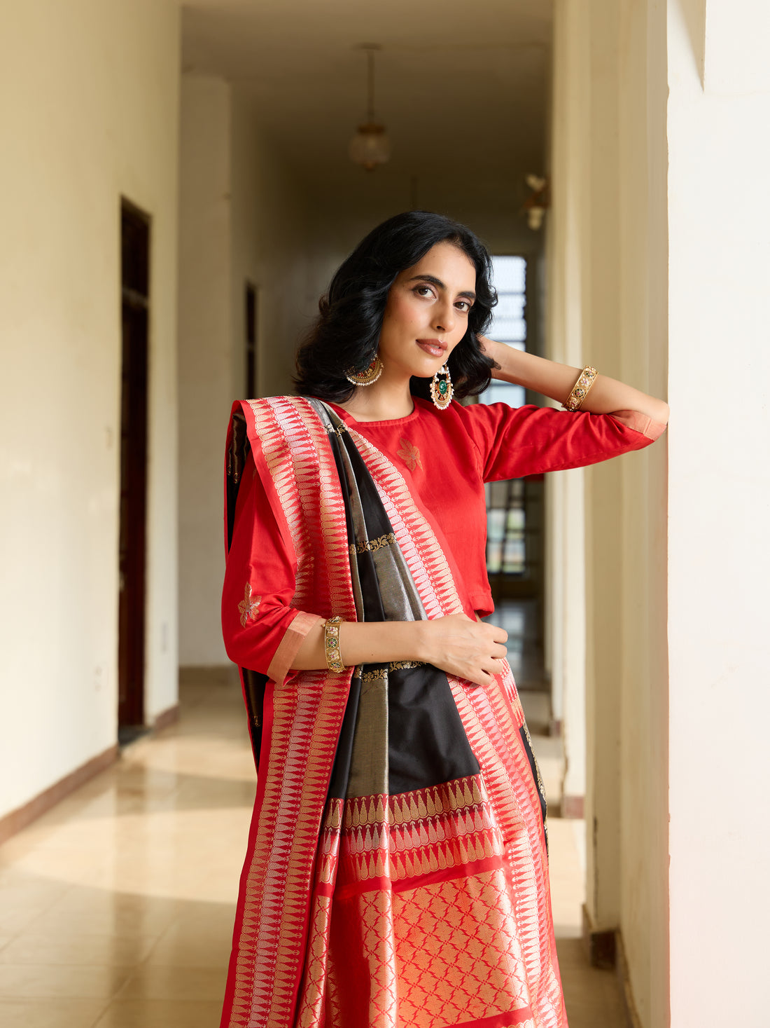Handwoven Banarasi Katan by Tissue Saree in Black and Red