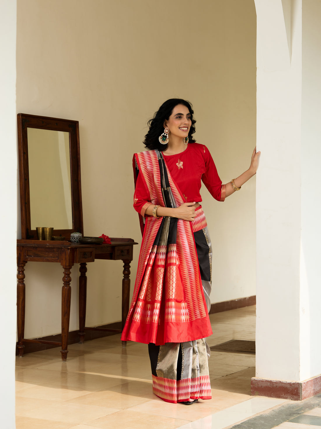 Handwoven Banarasi Katan by Tissue Saree in Black and Red