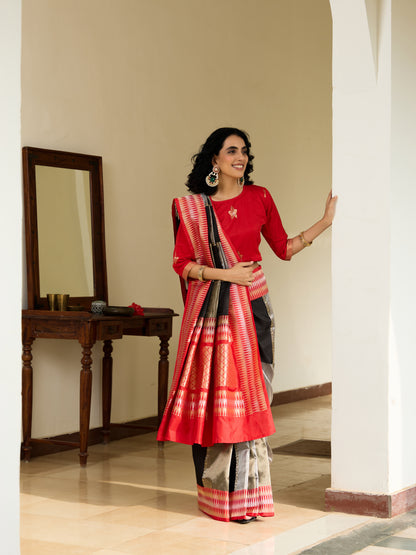Handwoven Banarasi Katan by Tissue Saree in Black and Red