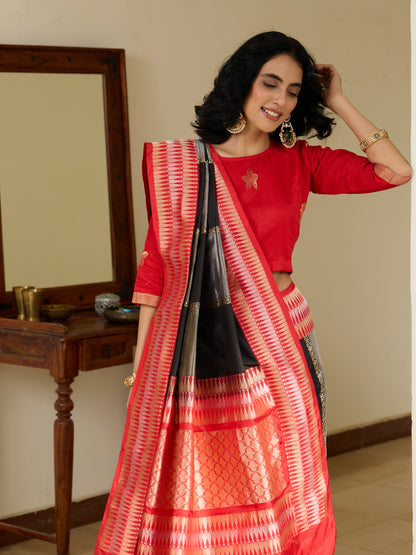 Handwoven Banarasi Katan by Tissue Saree in Black and Red