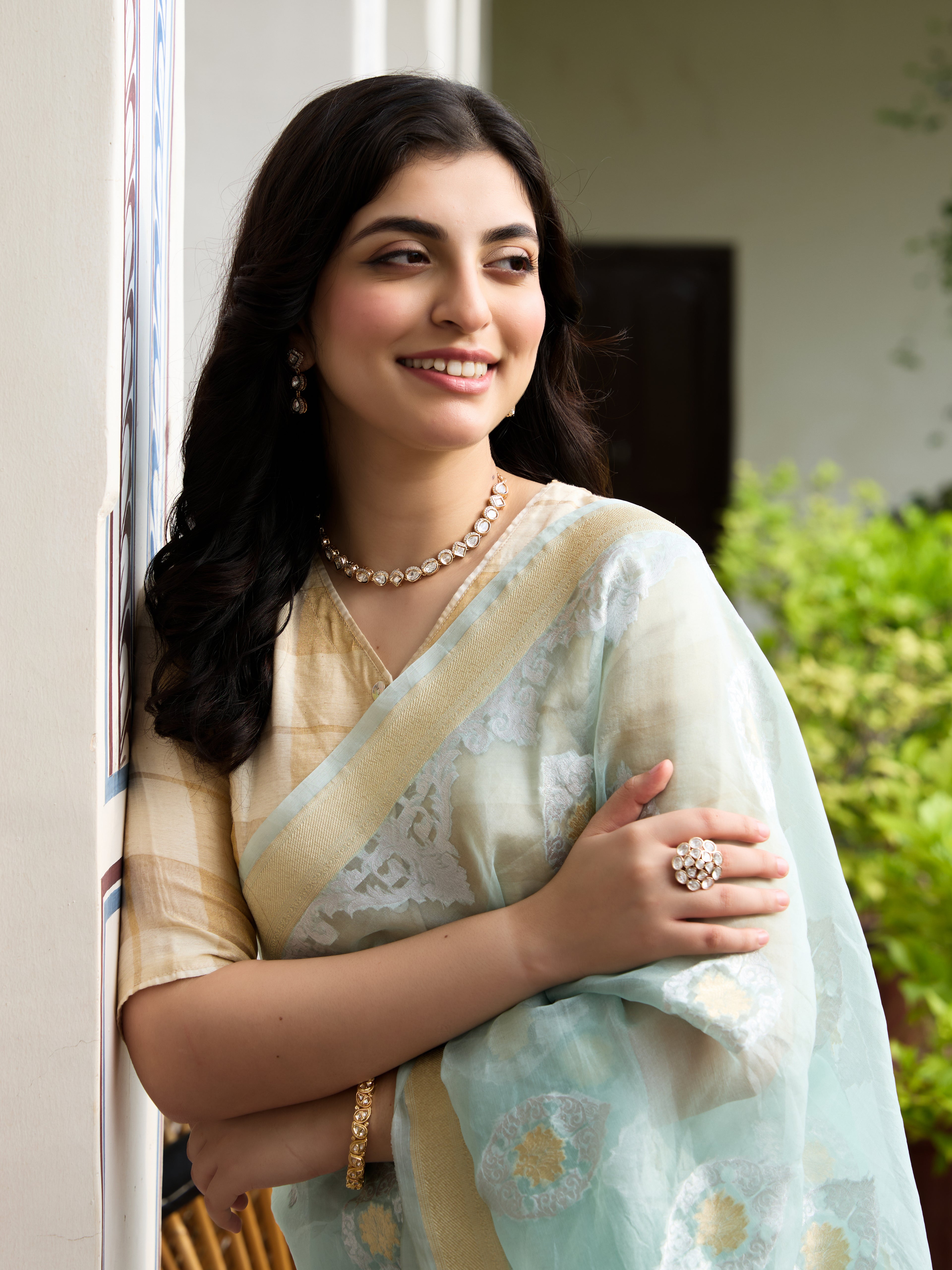 Banarasi Organza Silk Saree in Aqua Mint - Soglia